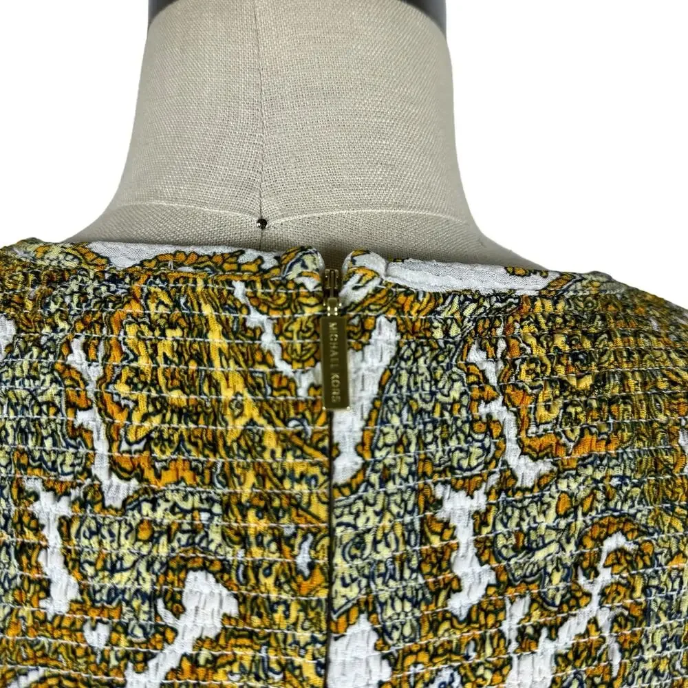 MK MICHAEL‎ KORS Yellow Piasley Patterned Smocked Saffron Midi Dress Women's Med